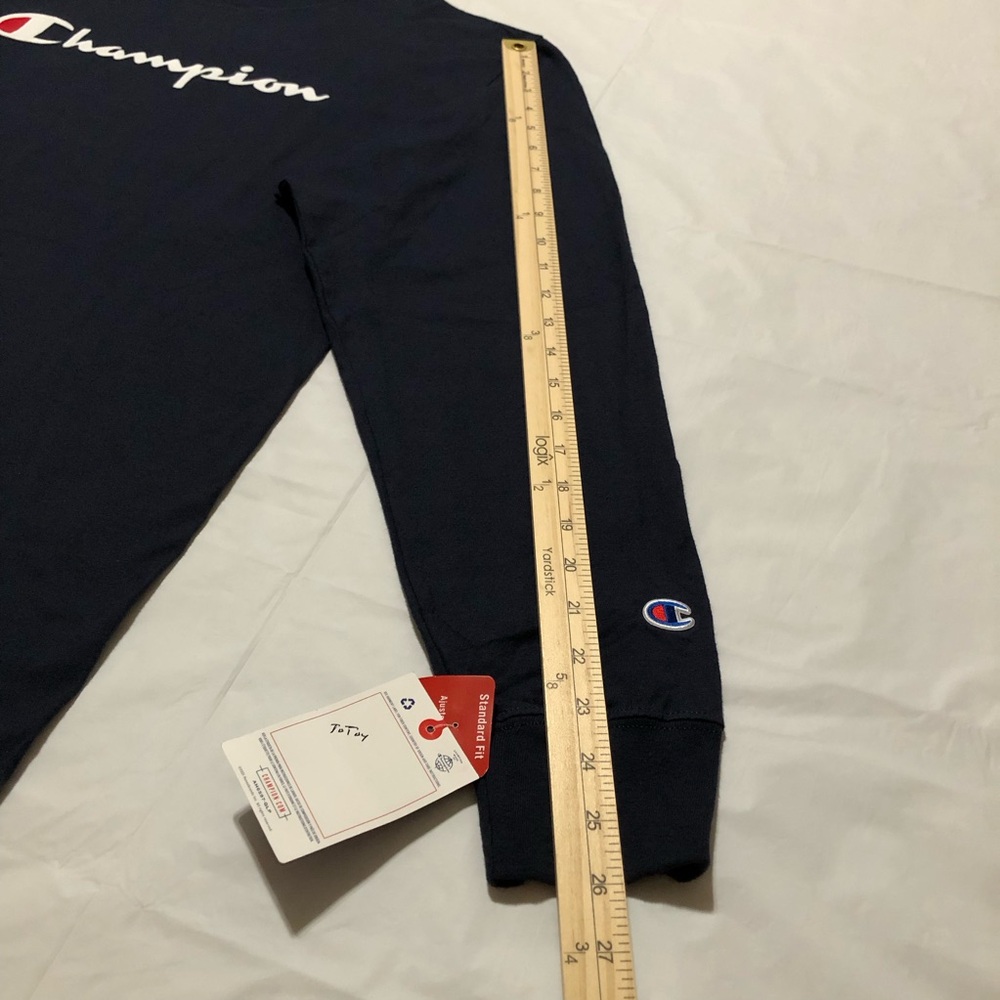 NWT Champion Men’s Long Sleeve Script Logo 100% Cotton Dark Blue T-Shirt L - Picture 5 of 9